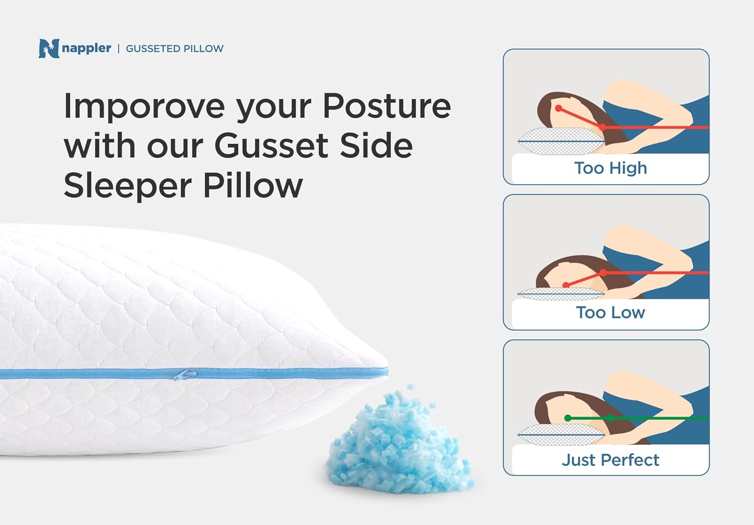 Queen Size Side and Back Sleeper Pillow for Neck and Shoulder Pain Relief - Shredded Memory Foam Bed Pillow for Sleeping - 100% Adjustable Fill - Queen Size - Modal Washable Case. Extra Fill Included